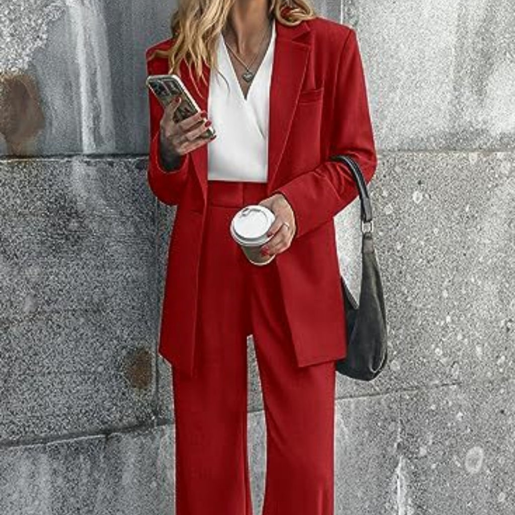 Women’s red coat and trousers suit, blazer-style jacket with wide-leg pants