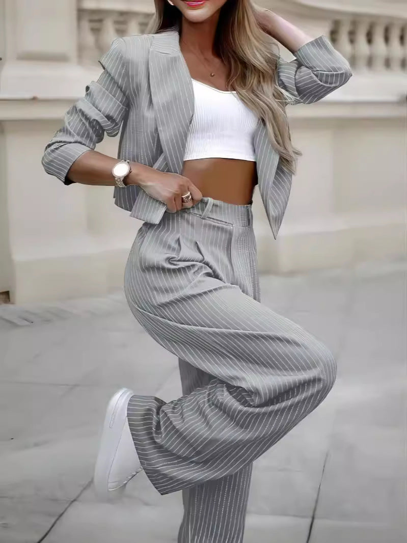 Gray pinstripe suit set with lapel blazer and straight-leg pants