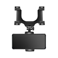 Clip-on rearview mirror phone holder with central knob, clamp arms, and wide device cradle