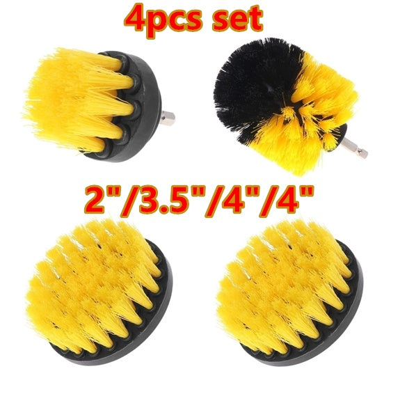 Electric drill brush set, 4 round yellow scrub heads with black plastic base