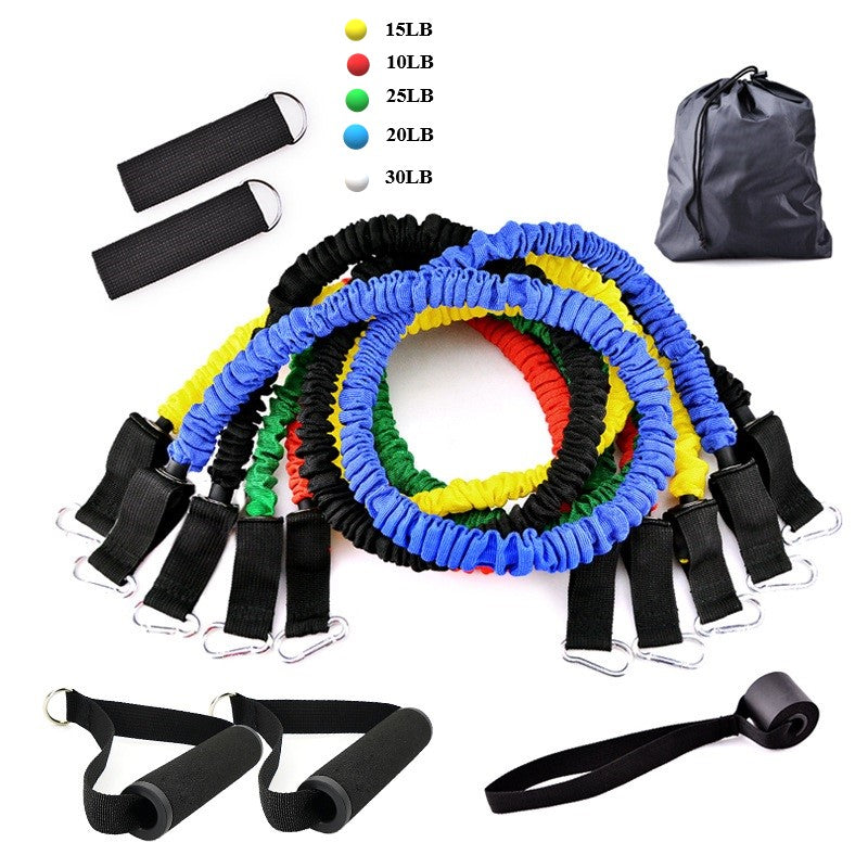Portable fitness rally resistance band set with rainbow elastic bands, black straps, and pouch