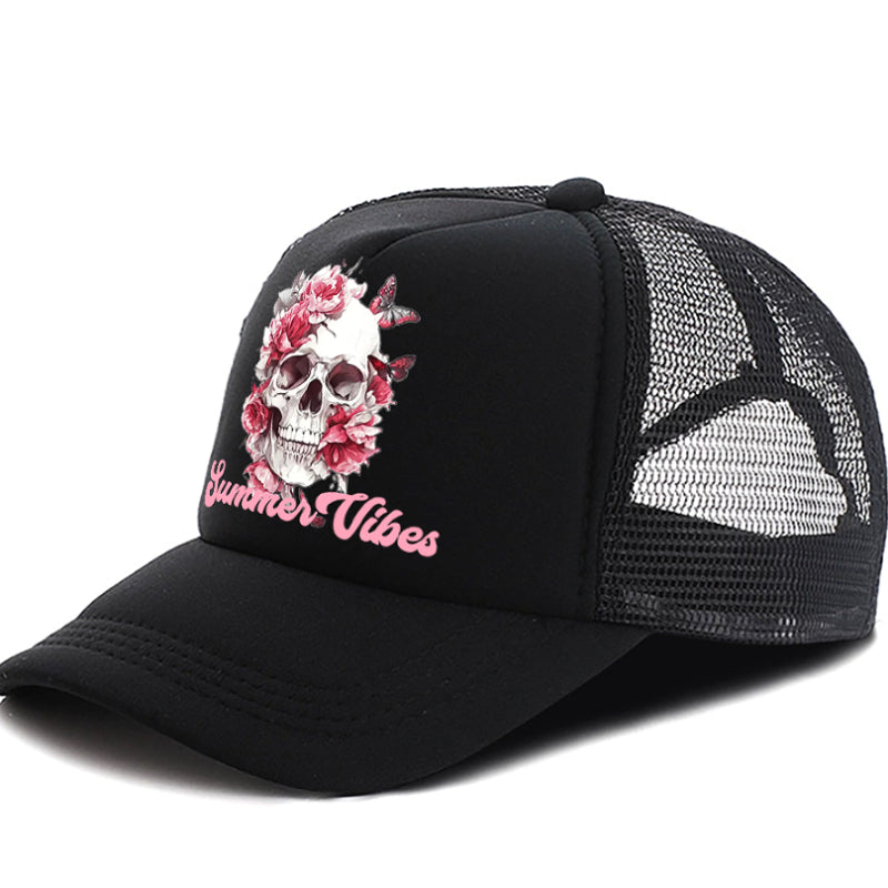 Men's casual baseball cap, black front with skull floral graphic and black mesh sides