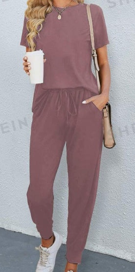 Dusty purple solid round-neck short-sleeve tee and matching pants set, elastic waist