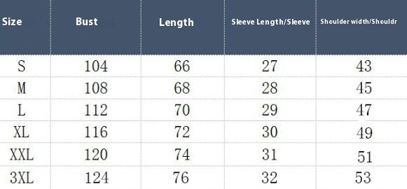 Men’s shirt size chart table with bust and length measurements by size.