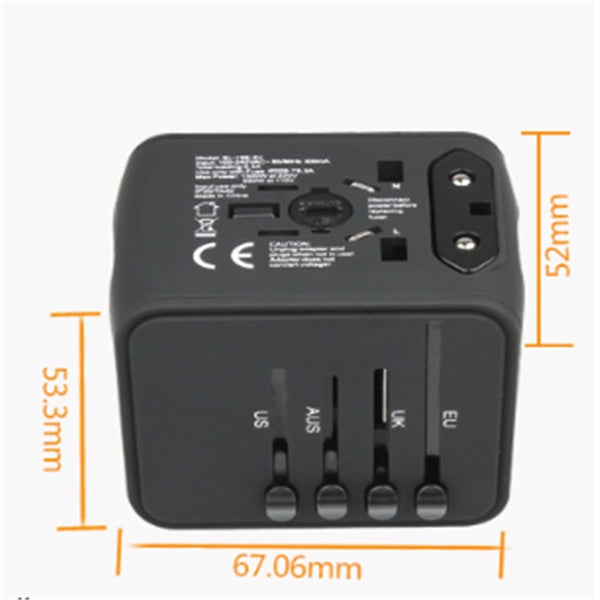 Multi-function socket adapter underside with port labels and mounting screws