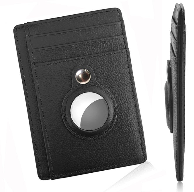 Black leather card wallet with circular AirTag cutout and metal snap button