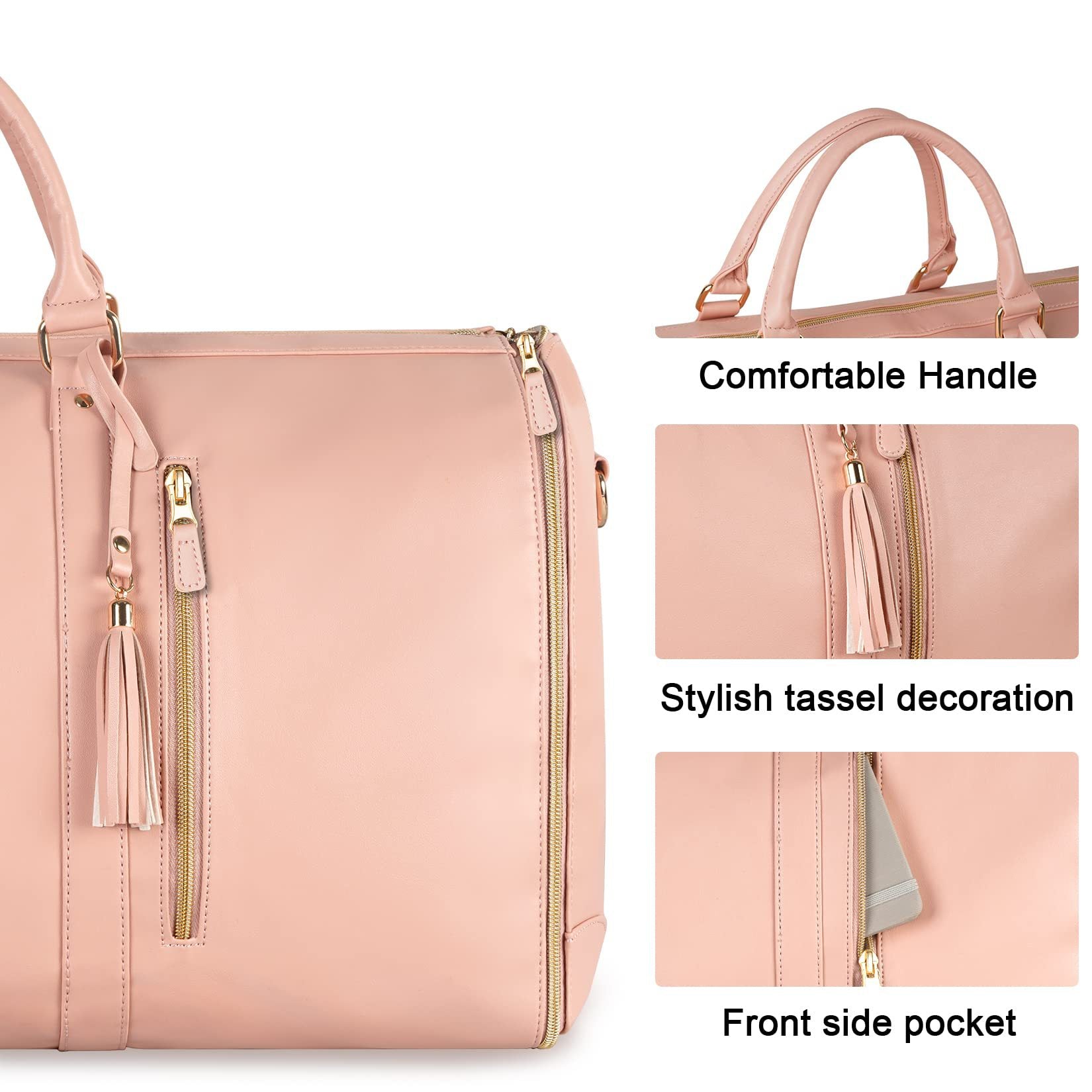 Blush pink duffle bag with tassel zipper pulls and front side pocket