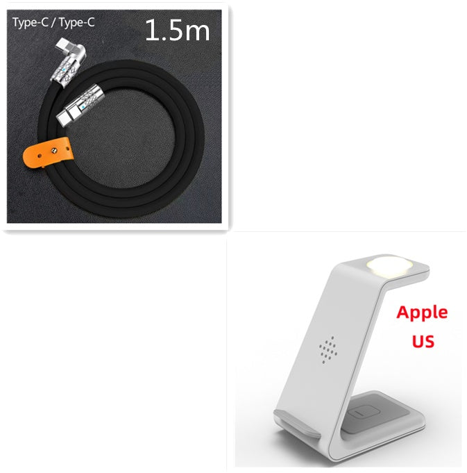 Wireless charger stand with white base and glowing pad, 1.5m Type-C to Type-C cable.