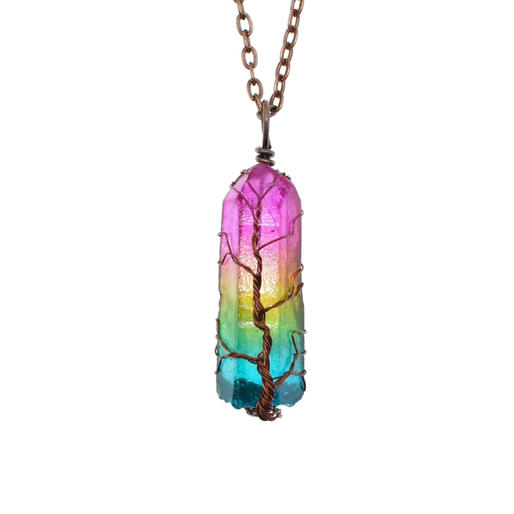 Single rainbow crystal pillar pendant on a copper chain