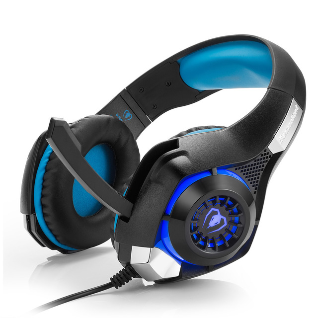 Gaming headphones with padded headband, black frame, and blue LED driver