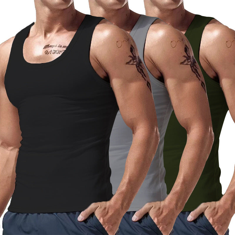 Men's three-pack sleeveless tank tops with crew neck in black, gray, and dark green