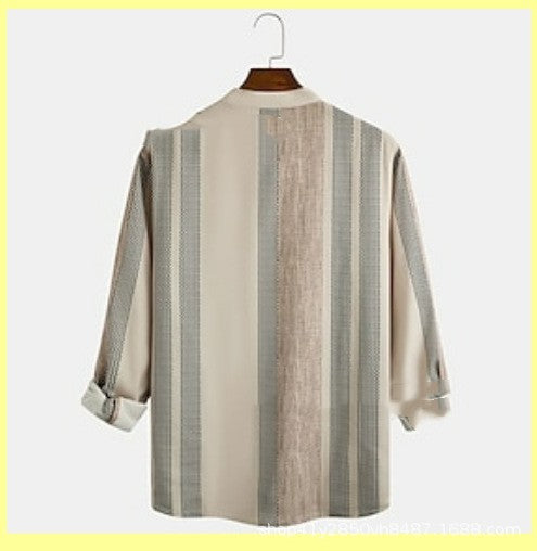 Men's striped stand-collar slub linen casual shirt, back view in light beige and green stripes