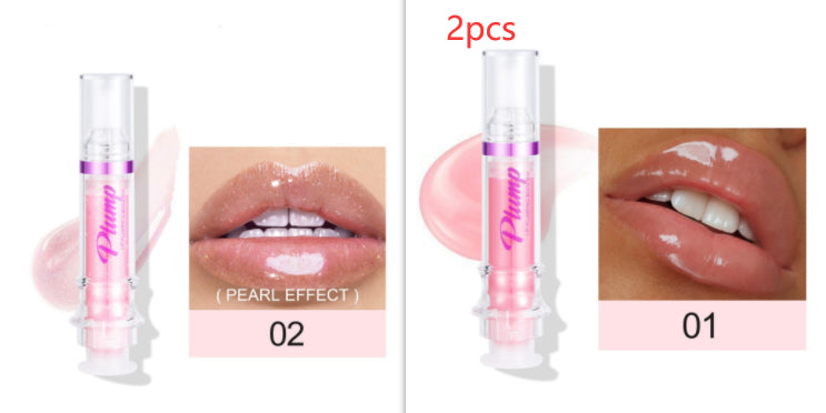 Pearl lip gloss set, pink-tinted tube, glossy finish on lips