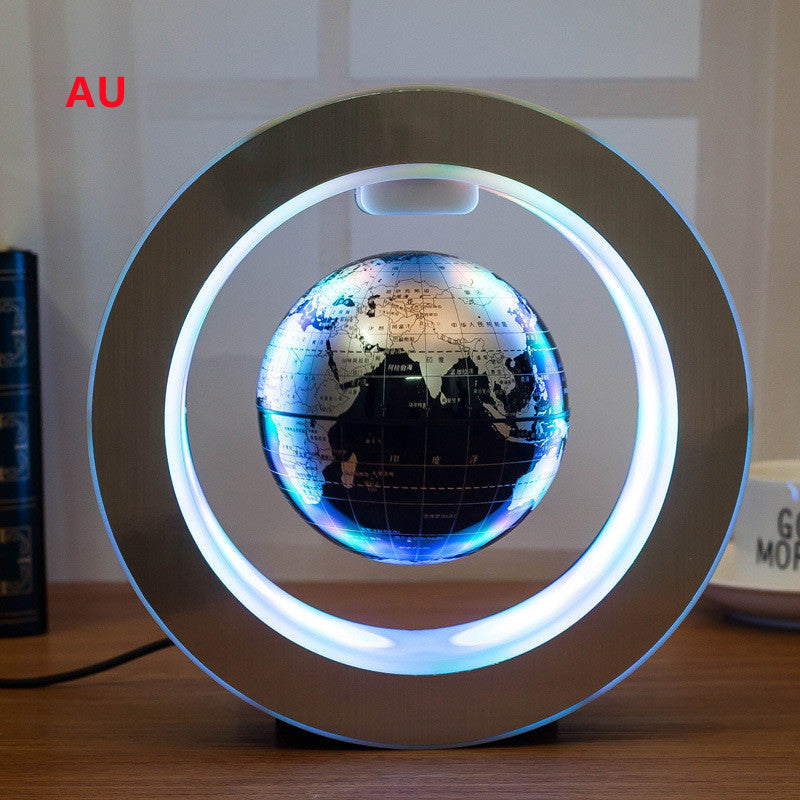 LED floating world map globe with blue oceans, circular light ring and round base