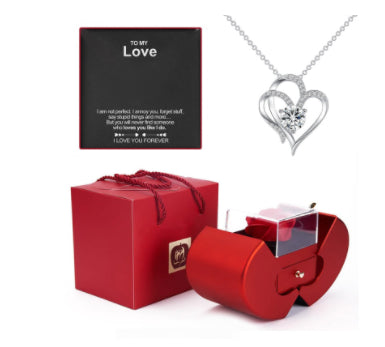 Red gift box set with clear display rose, and silver heart pendant necklace