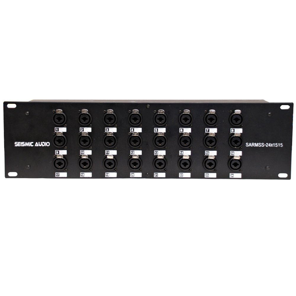 Front panel of rack-mount audio splitter snake with multiple XLR/TRS combo jacks.