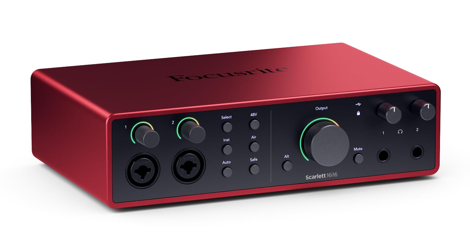 Focusrite Scarlett 18i16 USB audio interface, red metal front panel with knobs and ports