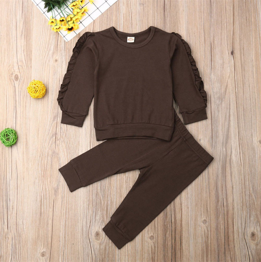 Newborn brown ruffle-sleeve sweatshirt and matching pants 2-piece set