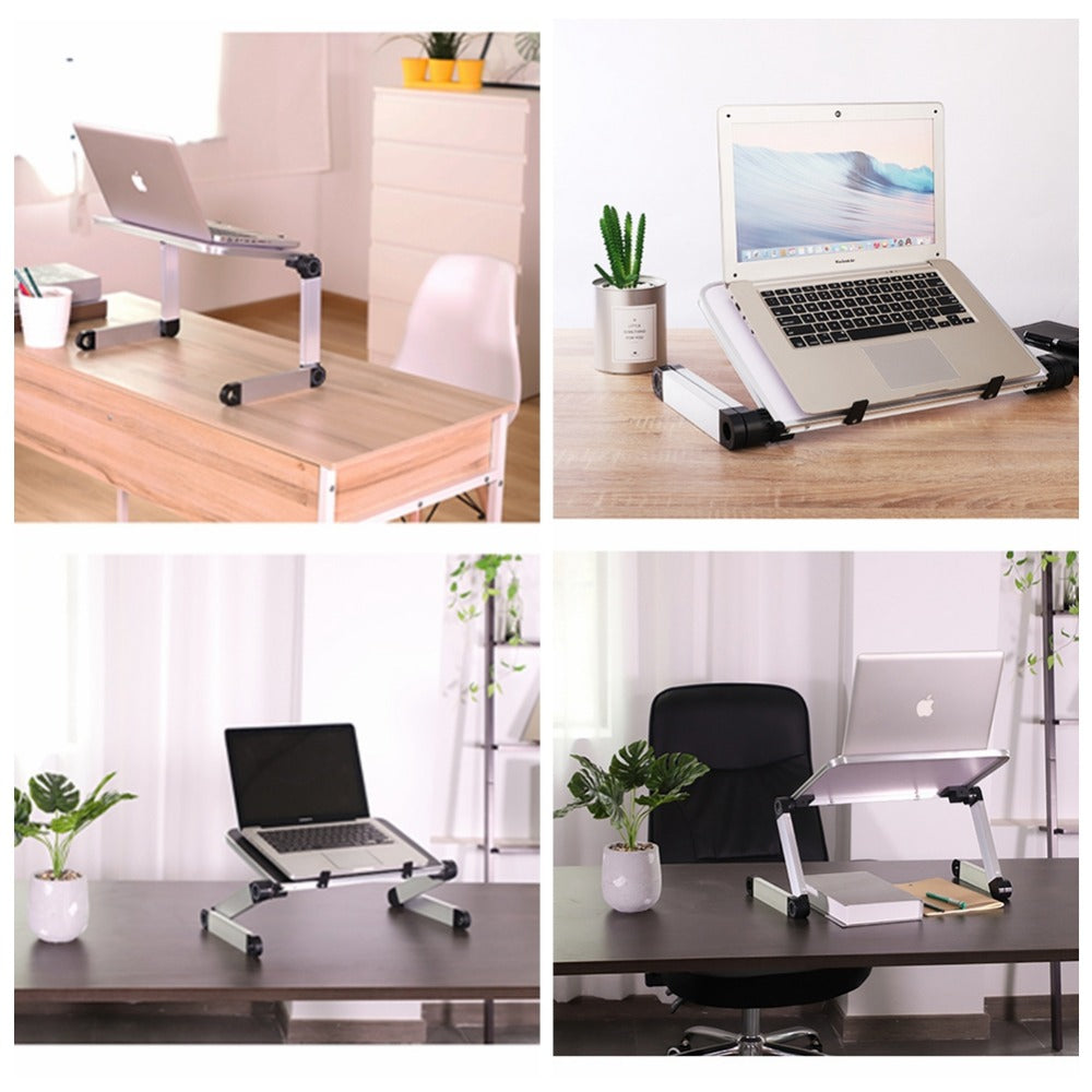 Foldable laptop stand on desk with raised platform for laptop or tablet viewing