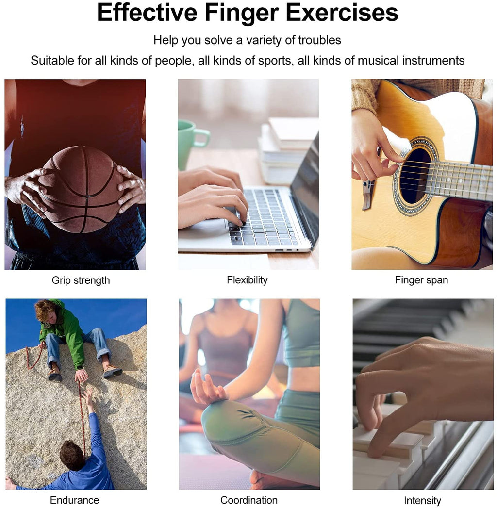 Finger exerciser training collage showing grip, flexibility, and finger span activities