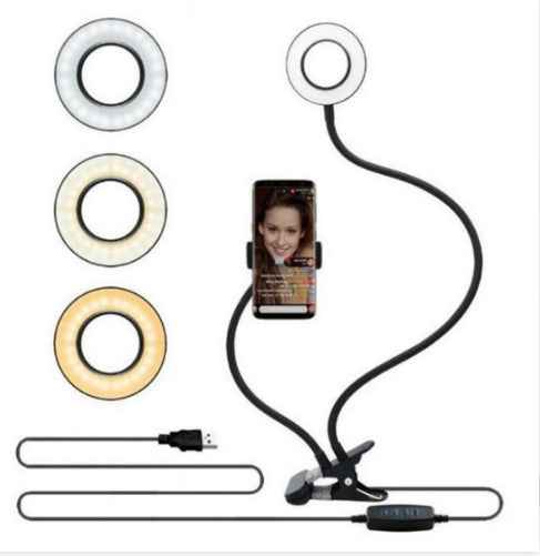 LED selfie ring light set with three ring color options and phone clip, black stand