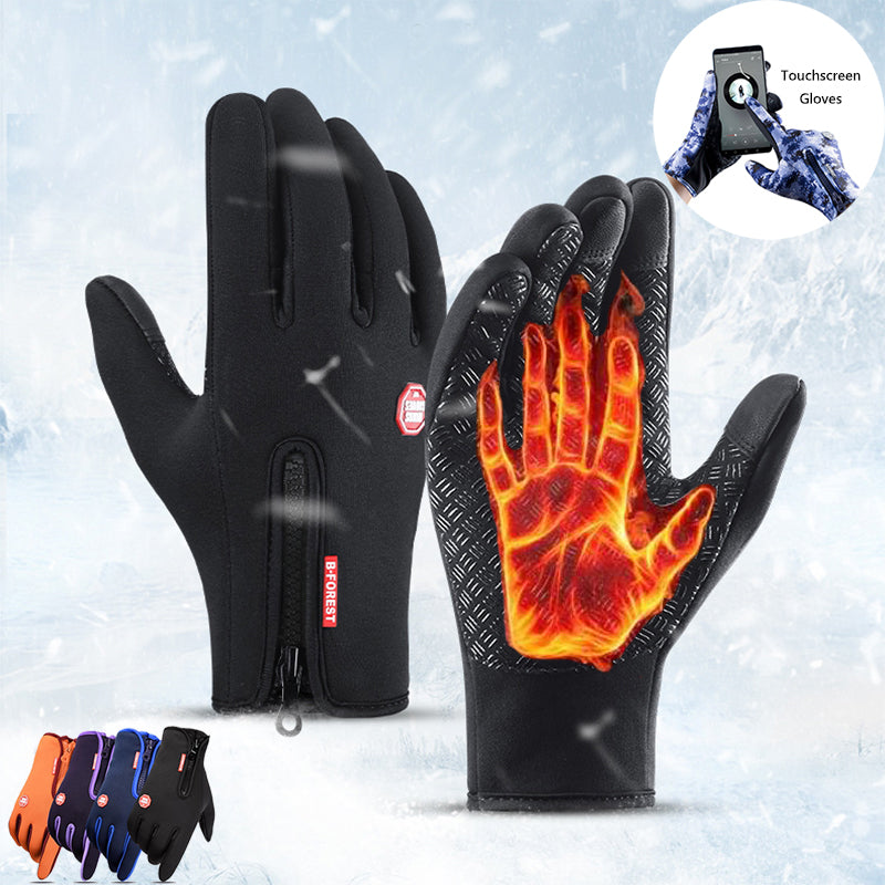 Winter motorcycle riding gloves, black with heat-print palm and touchscreen fingertips.