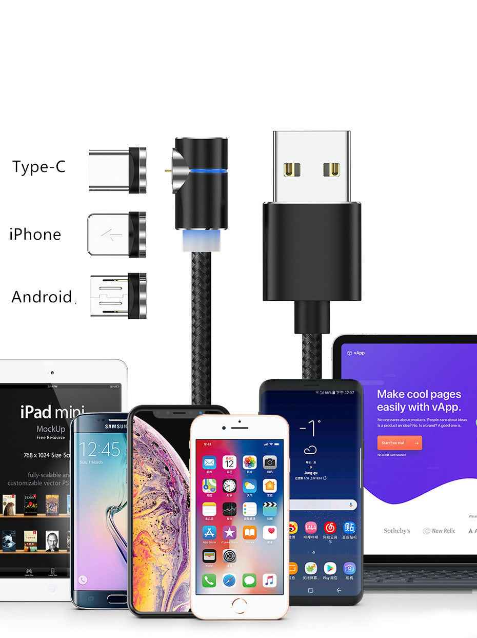 Magnetic charging cable with multiple adapter heads attached to a black braided cord