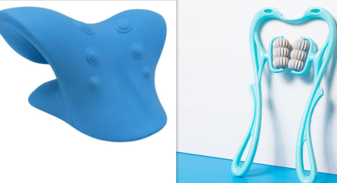Blue neck massage roller tool with contoured U-shape pads and raised nubs