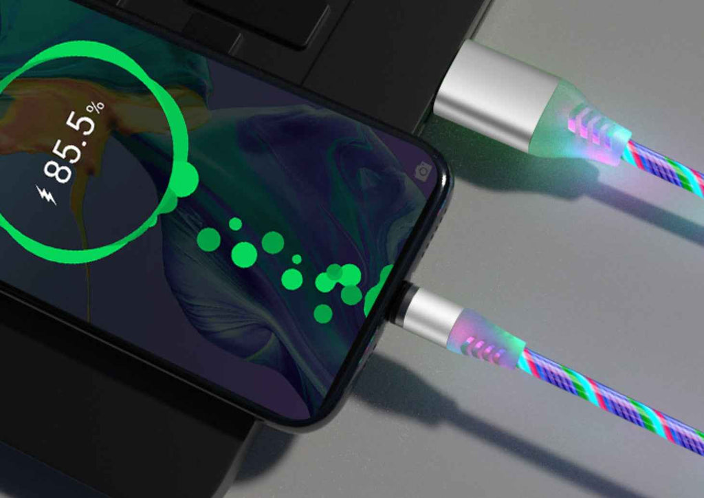 Magnetic data cable with multicolor light strip plugged into a smartphone
