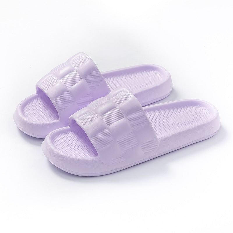 Women's EVA slide sandals in lavender with checkered band straps and textured footbed