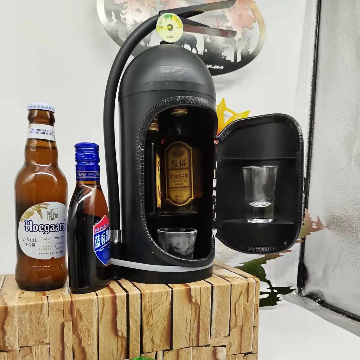 Black fire-extinguisher wine holder cabinet, open door with bottle slots