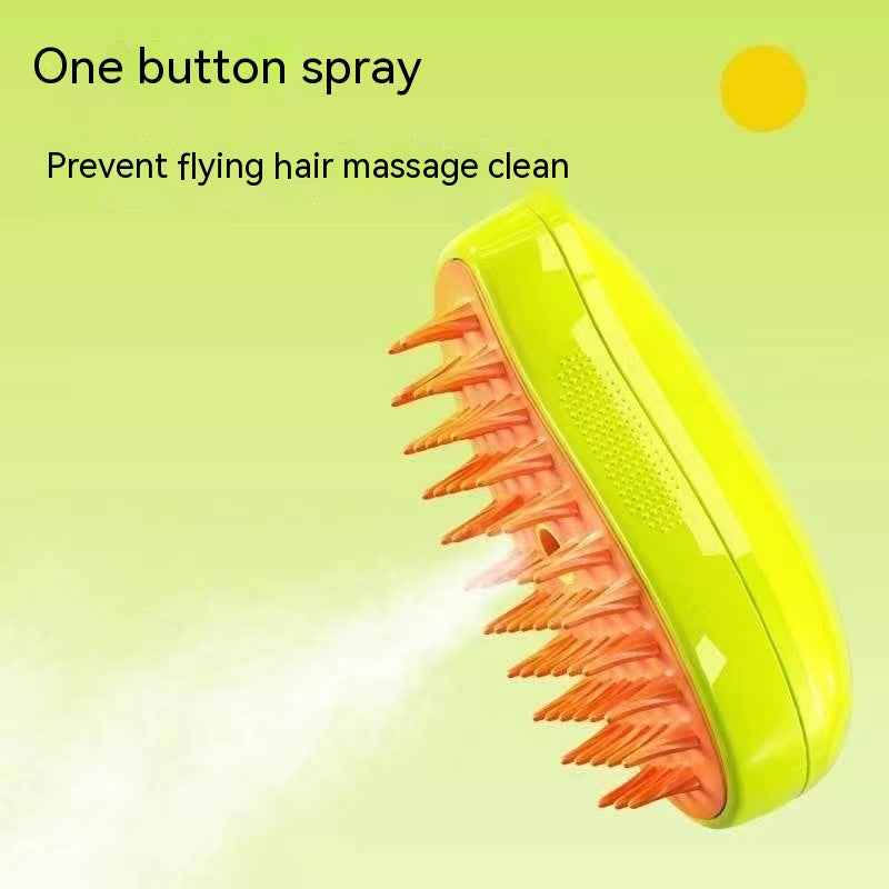 Pet spray massage comb, green, with orange bristles and one-button spray design.