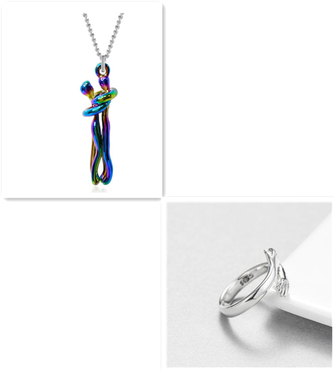 Rainbow hug-pendant necklace with silver chain and silver-tone ring, polished metal