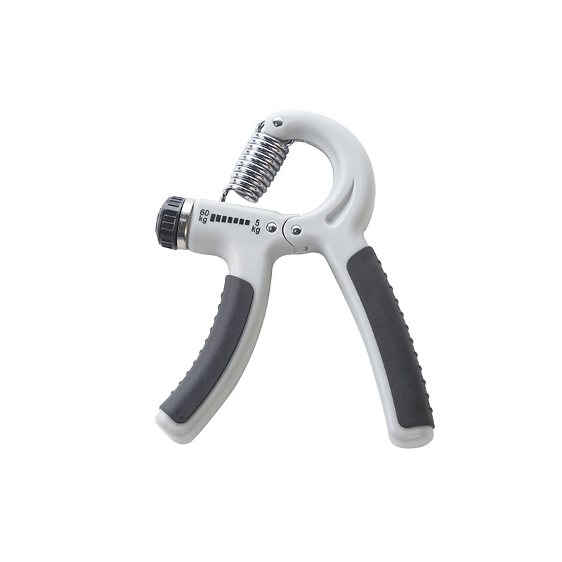Finger exerciser hand grip with white body, dark gray handles, and metal spring