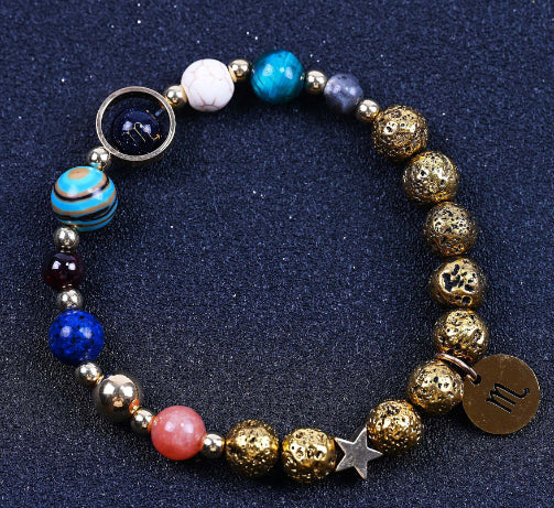 Beaded bracelet with blue, white, and gold beads; round zodiac charm and star accent.