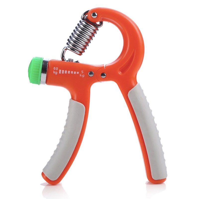 Orange hand grip finger exerciser with silver spring and green end cap