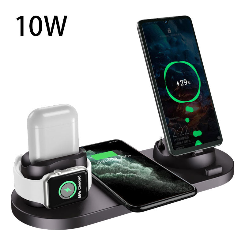 Wireless charging dock rated 10W with phone and watch stands, black base and white pod