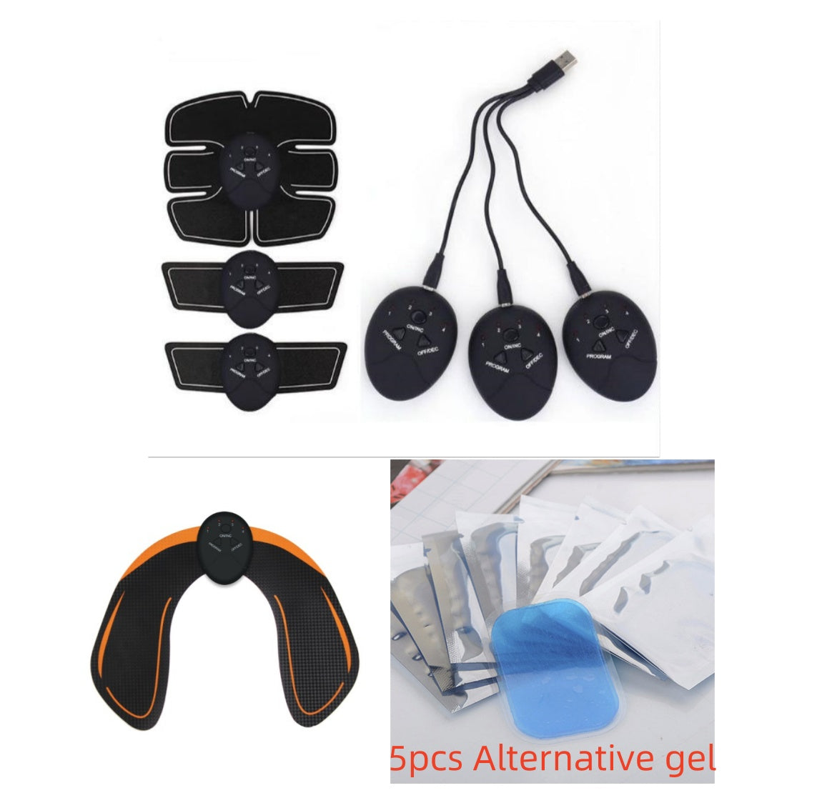 EMS muscle trainer pad set with black electrode pads, three discs, and cable lead