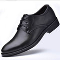 Men's pointed-toe lace-up dress shoes, black leather upper with stitched V seam.