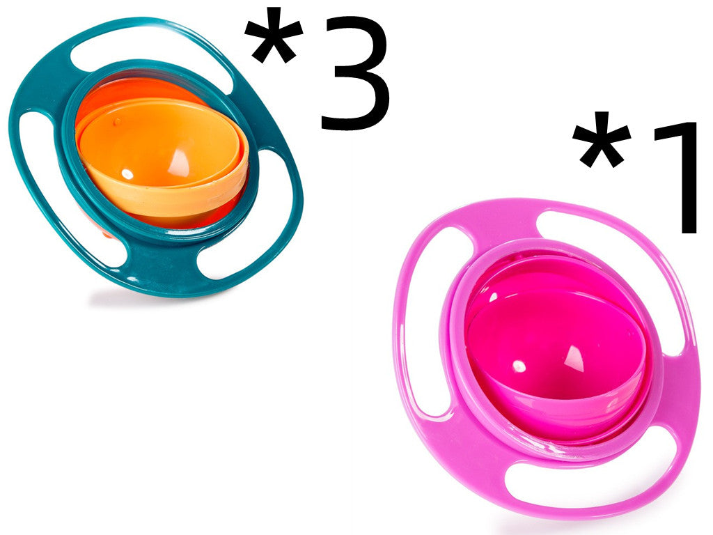 Teal and pink rotating spill-proof bowl dishes with orange and magenta inner bowls.