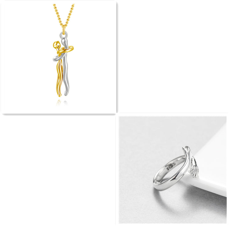 Gold-tone hug pendant necklace with heart charm and chain, unisex.