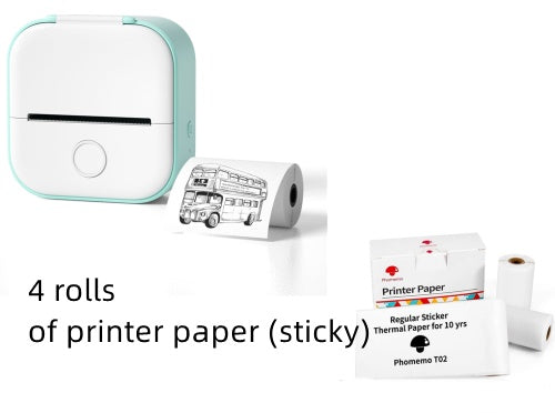 Portable mini thermal label printer with white and mint body plus 4 rolls of sticky paper