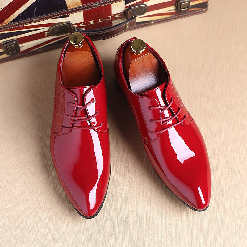 Men’s leather dress shoes in red, glossy finish, lace-up, pair view