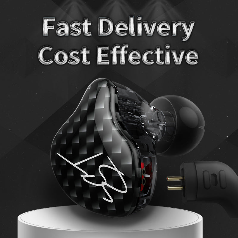 In-ear subwoofer earbuds on stand, black carbon-fiber pattern housings, wired