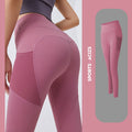Women’s yoga leggings with phone pocket, dusty pink, high-rise back view.