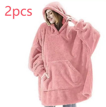 Pink fleece hoodie sweatshirt with large kangaroo pocket and hood, loose fit