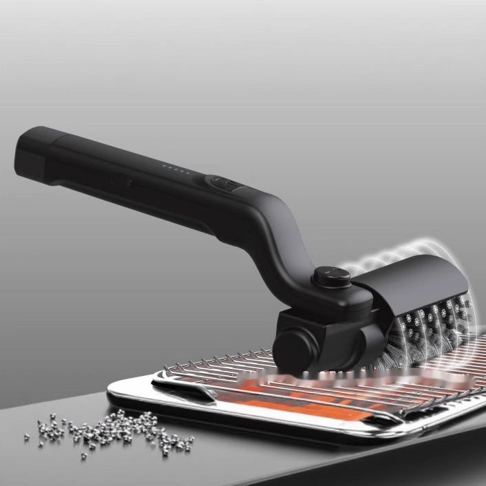 Electric BBQ grill brush with black handle and rotating metal bristle head for grates
