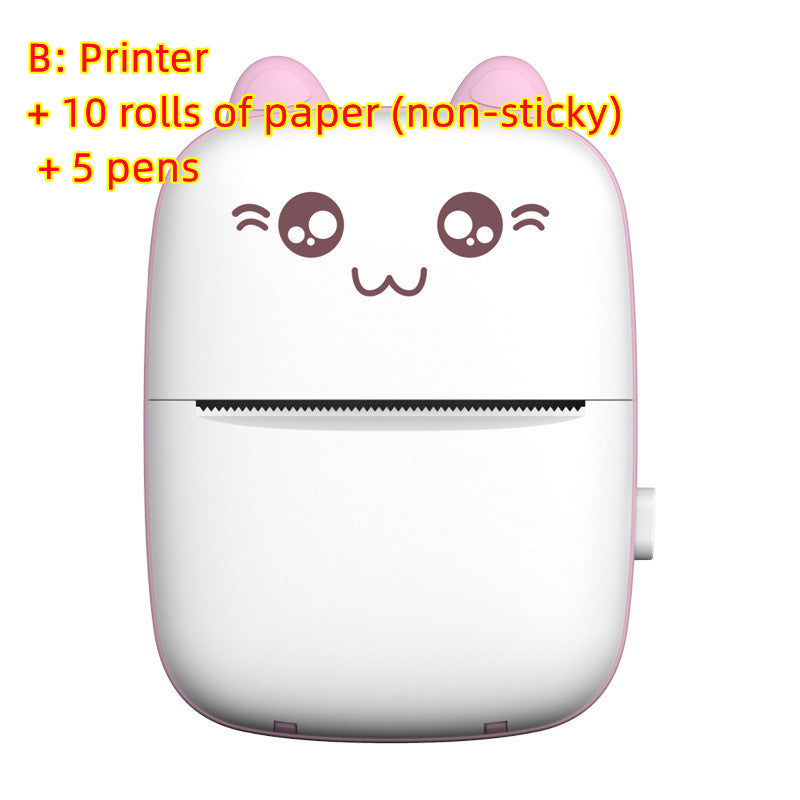 Portable mini label printer, pink, front face with icon and side port