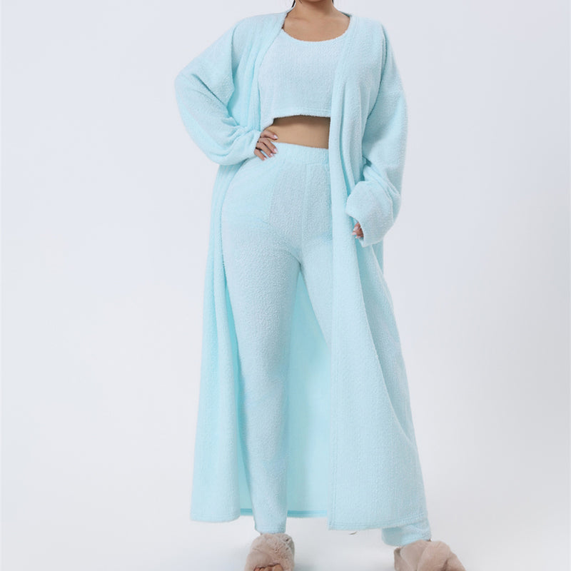 Women’s 3-piece pajama set: light blue crop top, matching pants, long cardigan robe.