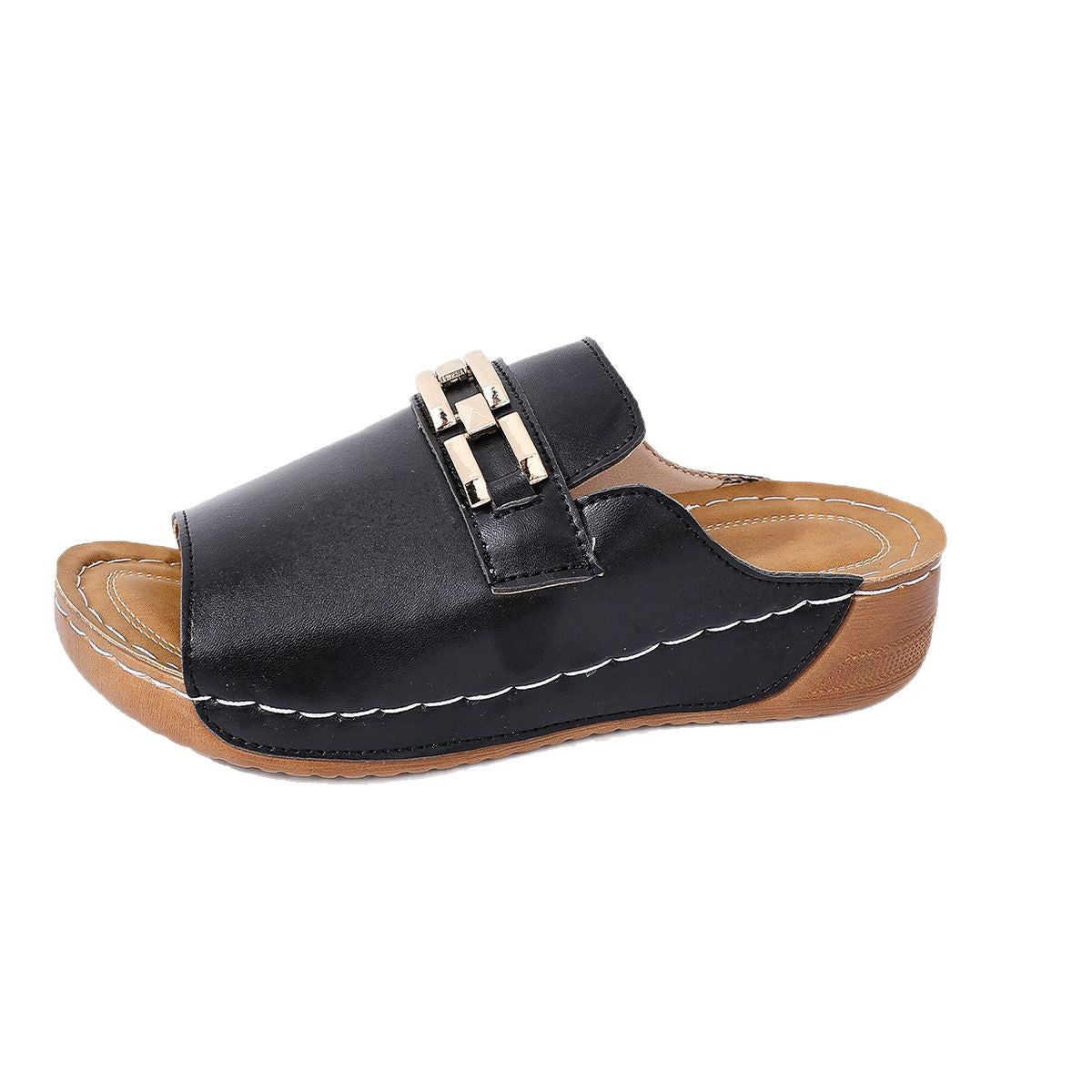 Black peep-toe wedge mules with gold metal buckle strap and open toe